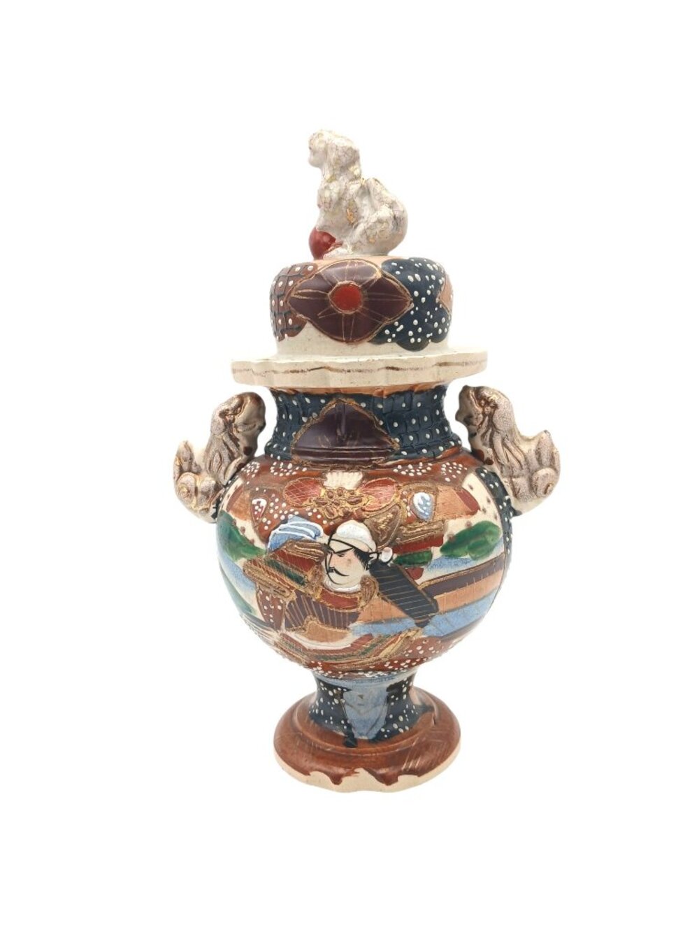 Antique Japanese Satsuma Ginger Jar Urn Foo Dog Finial Handles Meiji 10.25"